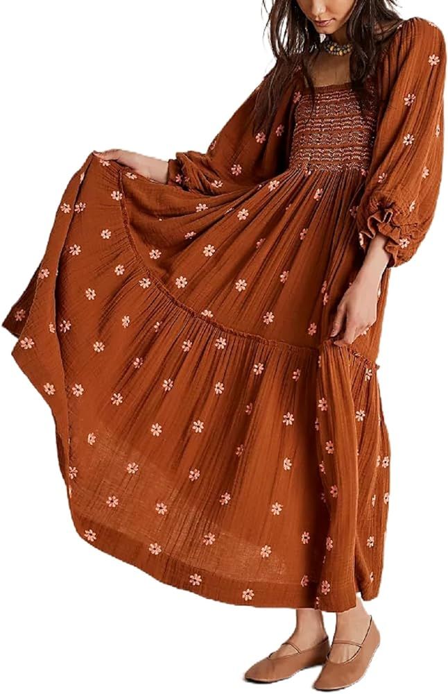 Argeousgor Women 2023 Bohemian Floral Dress Square Neck Ruffle Swing A Line Maxi Dress Long Sleeve B | Amazon (US)
