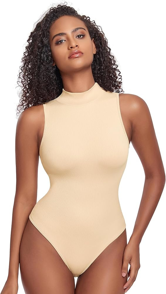 OLCHEE Womens Shapewear Bodysuit Tummy Control Seamless Ribbed Mock Neck Sleeveless Sliming Body ... | Amazon (US)