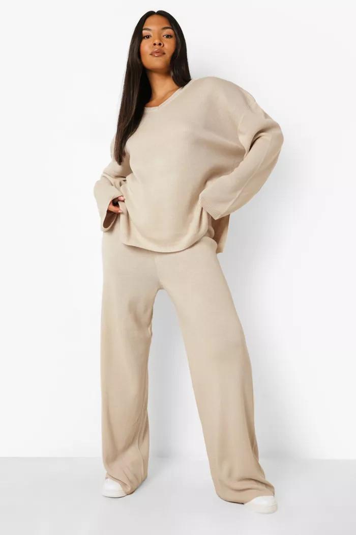 Plus Knitted V Neck Side Split Pants Set | boohoo (US & Canada)