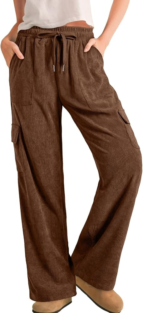 Sidefeel Womens Corduroy Pants Casual High Waisted Elastic Drawstring Cargo Loose Fit Wide Leg Pa... | Amazon (US)
