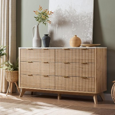 BALHAM TRADE-Curved Profile Fluted 6 Drawer Dresser 54" Tall Modern Chest Wood Organizer Natural Oak 16"D x 54"W x 32"H | Target