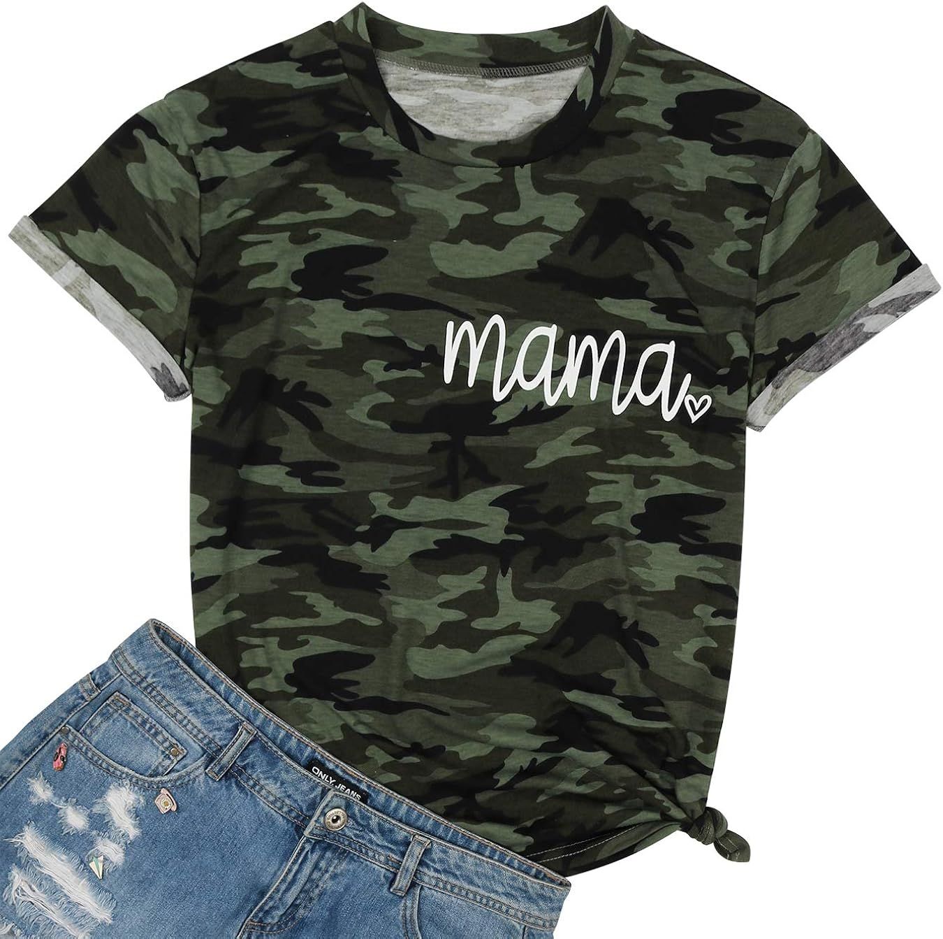 Camouflage Shirts Women Tie Dye Mama Letter Printed T-Shirt Heart Graphic Casual Short Sleeve Tee... | Amazon (US)