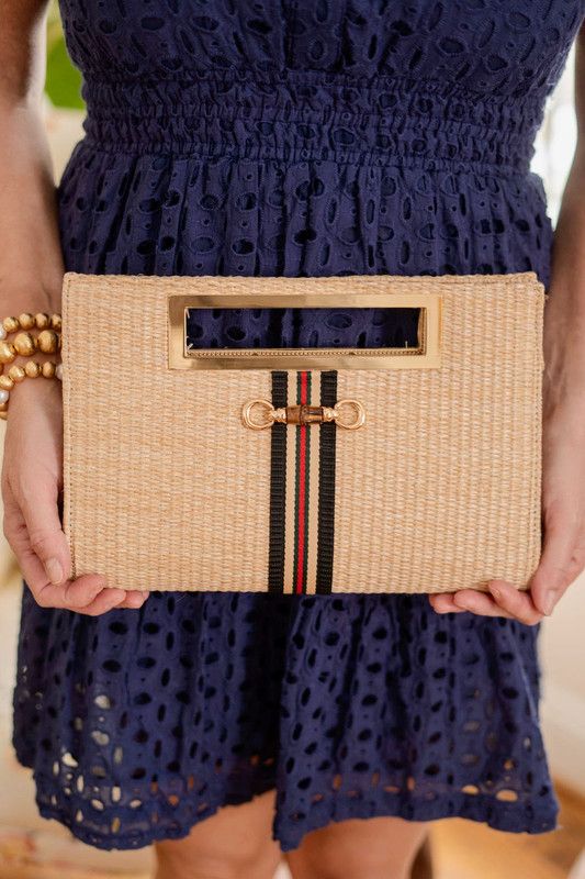 Chloe Clutch - Brown , Green & Red Stripe Band - Bamboo Toggle | Lisi Lerch Inc