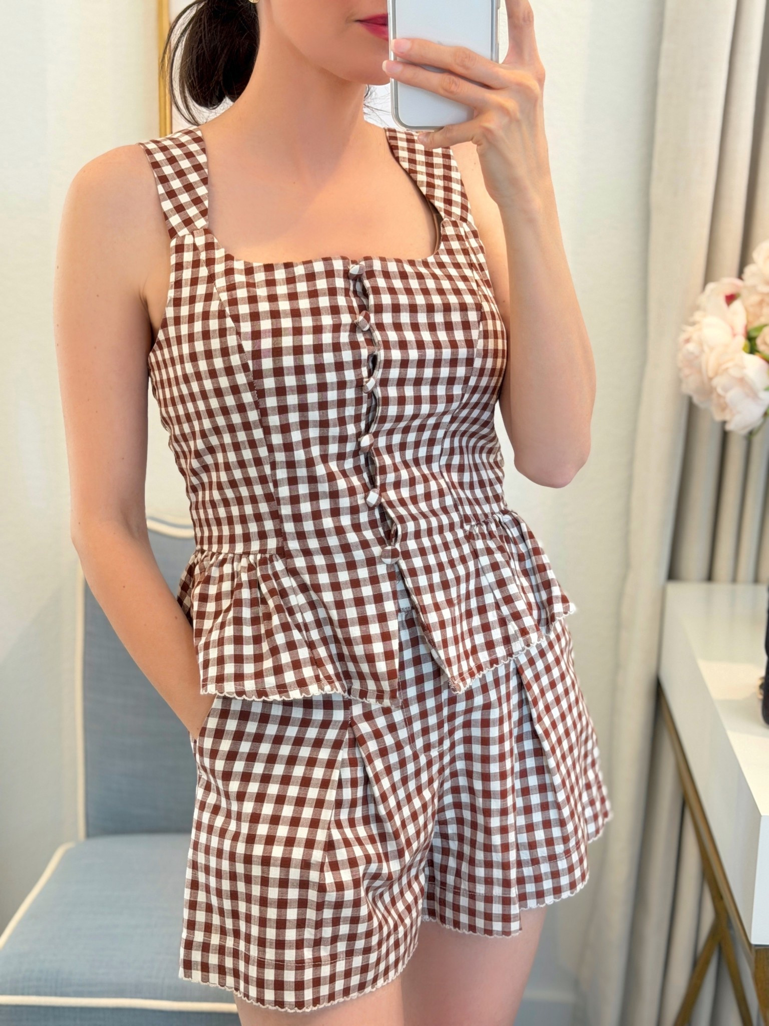Cutest gingham set under $30 each! 🤎 wearing small top &  XS shorts ✨ruffle peplum top brown top brown set brown shorts gingham shorts target outfit spring outfit ideas 2026 bra friendly tank classic style timeless preppy vacation outfit beach 2026 vacation affordable outfit #targetstyle

#LTKSaleAlert #LTKdayinmylife #LTKOver40