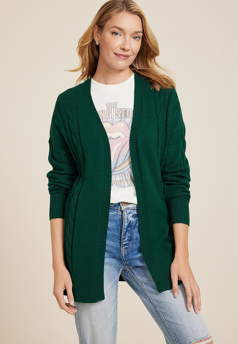 Cable Stitch Open Front Cardigan | Maurices