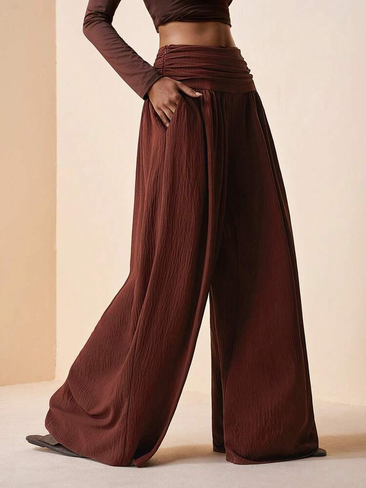 Zivah 2026 Spring/Summer New Music Festival, Easter, St. Patrick's Day, Valentine's Day, Date, Western, Nomadic, Birthday Party, Graduation, College, Student, Daily Casual, All-Match, Leisure, Vacation, Cruise, Beach, Sunbathing, Viral Hit, Streetwear, Wedding Guest, Boho, Commute, Brunch, Airport, Party, Holiday Outing, Office Wear Women's Pleated Pocket Wide Leg Pants, Linen Texture Fabric, Brown | SHEIN