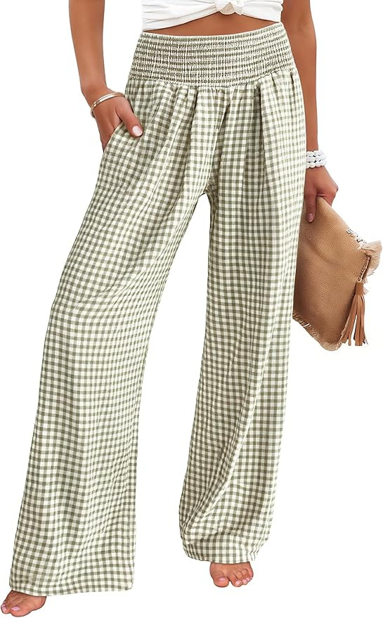 ANRABESS Womens Striped Gingham Palazzo Pants Wide Leg High Waisted Lounge Pajama Pants Cute Casu... | Amazon (US)