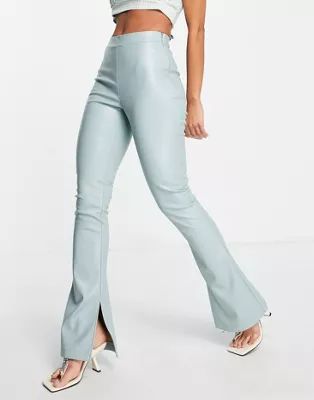 Topshop faux leather flared pant with split hem in blue | ASOS (Global)