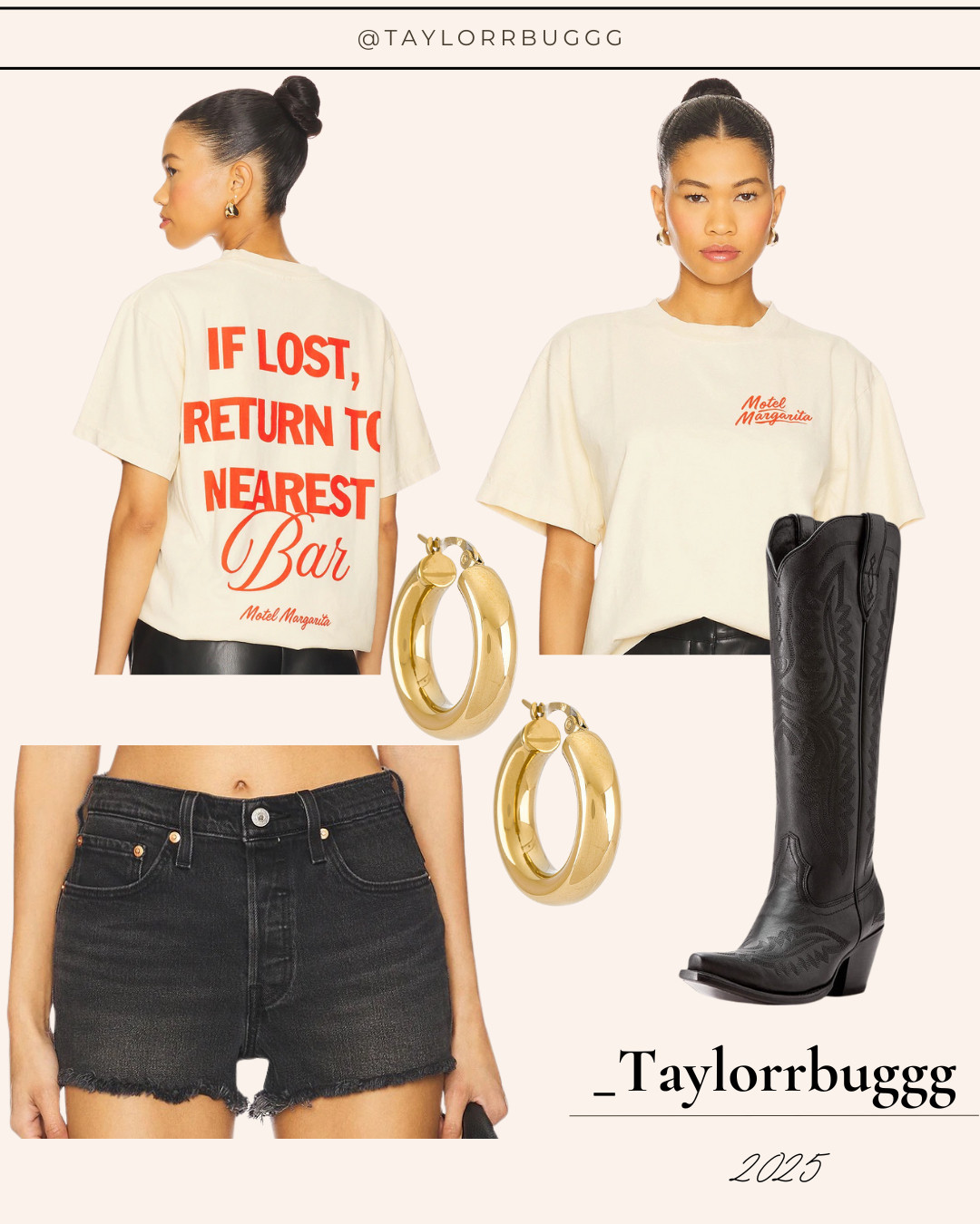  🍹 If lost, return me to the nearest bar 🤠
This western concert outfit is giving cheeky + chic—perfect for a Nashville night out, rodeo, or summer concert.

✨ Oversized graphic tee, black denim shorts & gold hoop earrings – Revolve
👢 Black cowboy boots – Ariat (a must-have staple for any country girl look)

This outfit is equal parts comfy + stylish, making it my go-to for dancing, drinks, and long nights under the neon lights. ✨

 