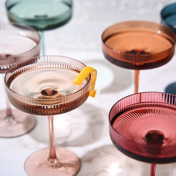 Colored Vintage Art Deco Coupe Glasses - Martini, Cocktail & Champagne Ribbed Glasses 7oz | Set o... | Amazon (US)