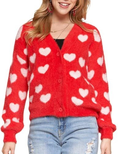 Women Cute Heart Print Cardigan Valentine’s Day Love Heart Button Front Sweater Long Sleeve Knit Crop Cardigan | Amazon (US)