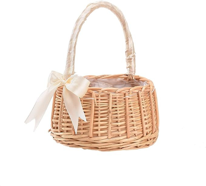 Flower Girl Basket, Rustic Flower Girl Basket with Ribbon, Small Basket With Handle, Wicker Ratta... | Amazon (US)