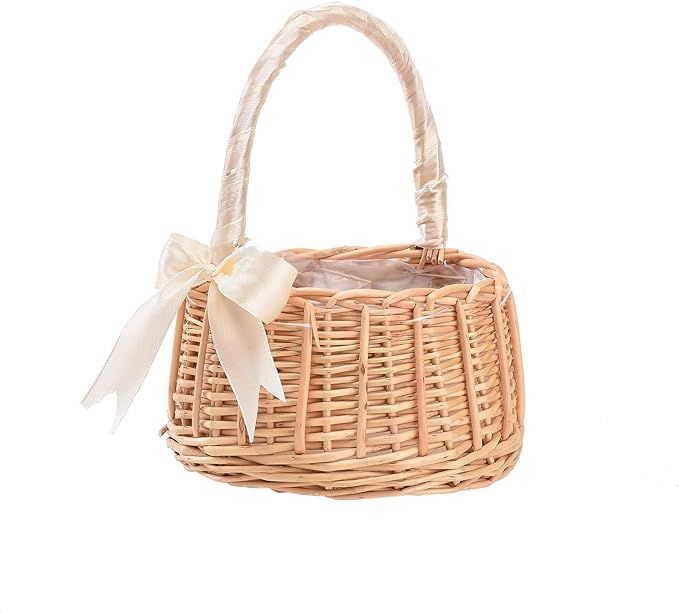 Flower Girl Basket, Rustic Flower Girl Basket with Ribbon, Small Basket With Handle, Wicker Ratta... | Amazon (US)