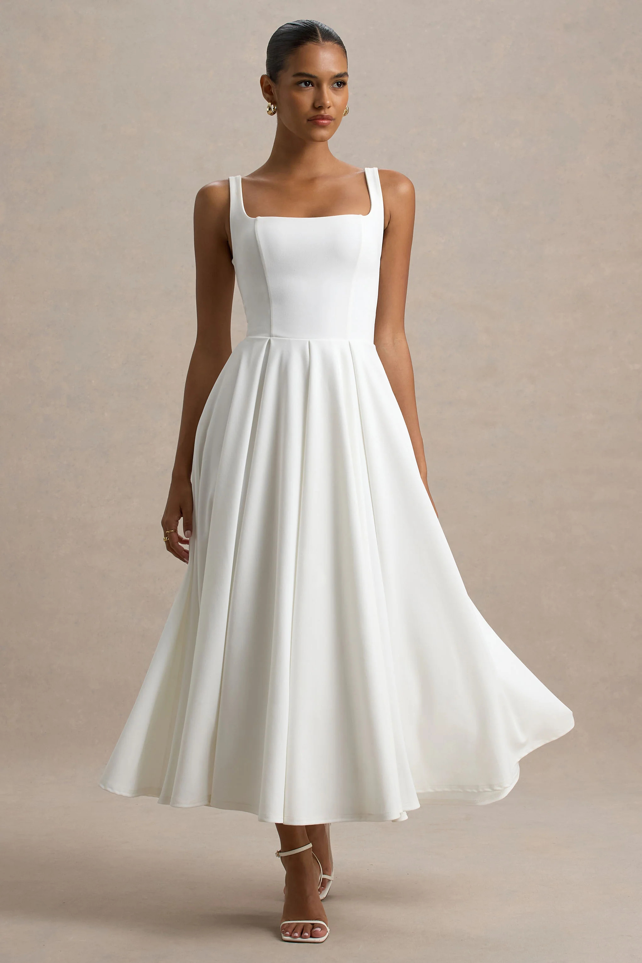Parina | White Strappy Volume-Hem Midi Dress | Club L London