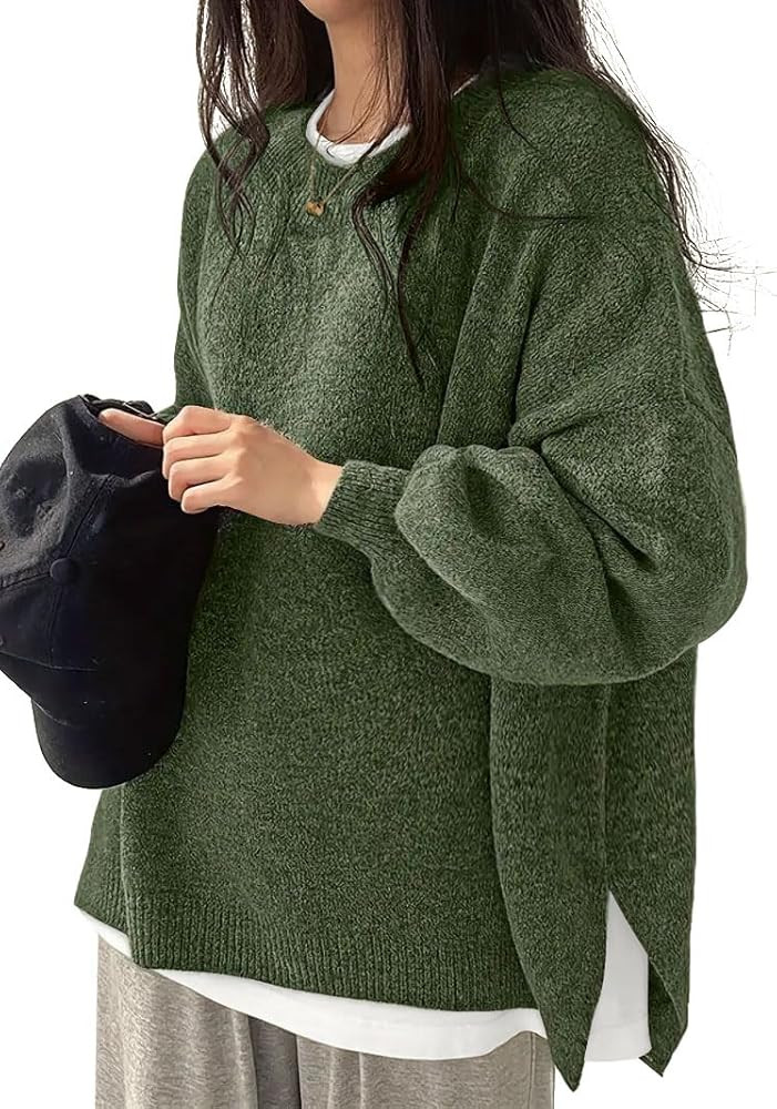 Women's Oversized Crewneck Sweaters Batwing Long Sleeve Side Slit Ribbed Knit Pullover Sweater To... | Amazon (US)