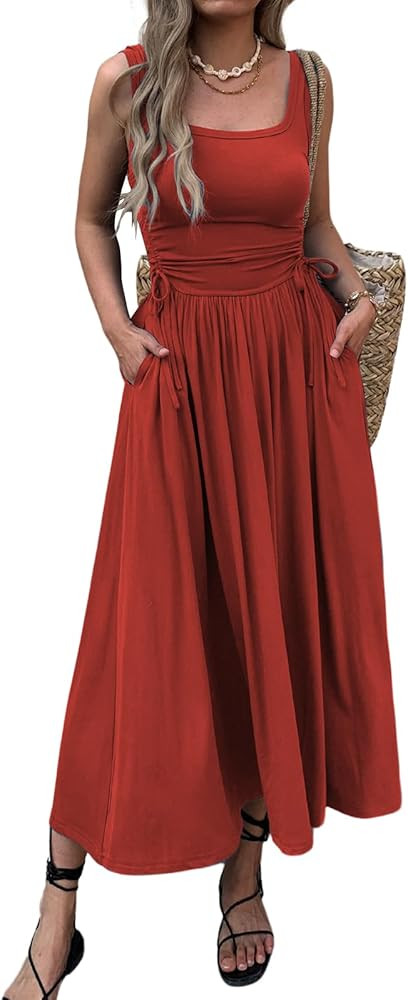 Women’s Boho Summer Maxi Dress with Pockets, Adjustable Waist, Sleeveless Casual Ruched Sundres... | Amazon (US)