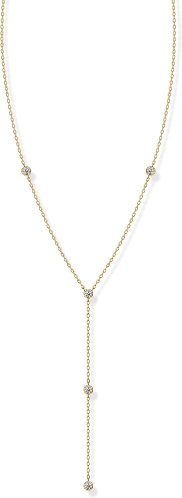 PAVOI 14K Gold Plated Drop Lariat Chain for Women - Gold Cubic Zirconia Long Necklace - Station S... | Amazon (US)