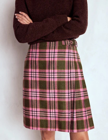 Helen Wool Kilt Skirt-Olive, Green and Pink Check | Boden UK