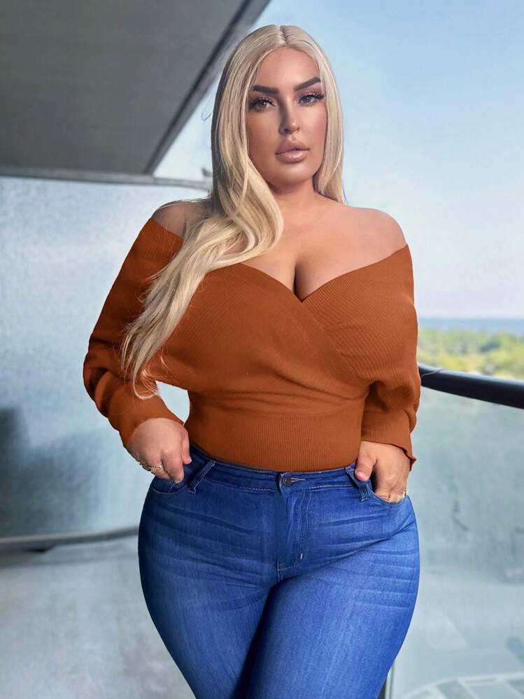 Brown Knit Top Plus  | SHEIN