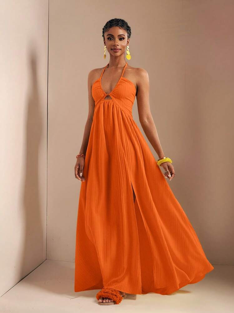 Zivah New Spring And Summer Casual Holiday Halter Neck Strapless Bust, Waist And Back A Swing Skirt With High Slit On The Front To The Thigh, Yellow Sea Stripe Women's Extra Long Dress-B Summer Dresses For Women,Sun Dresses For Women | SHEIN