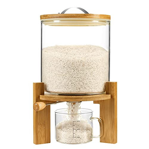 Vuinop Rice Dispenser, Rice Storage Container：Flour and Cereal Container with Airtight Lid and Wooden Stand, Glass Food Storge Container for Kitchen Organization and Pantry Store (5L) | Amazon (US)