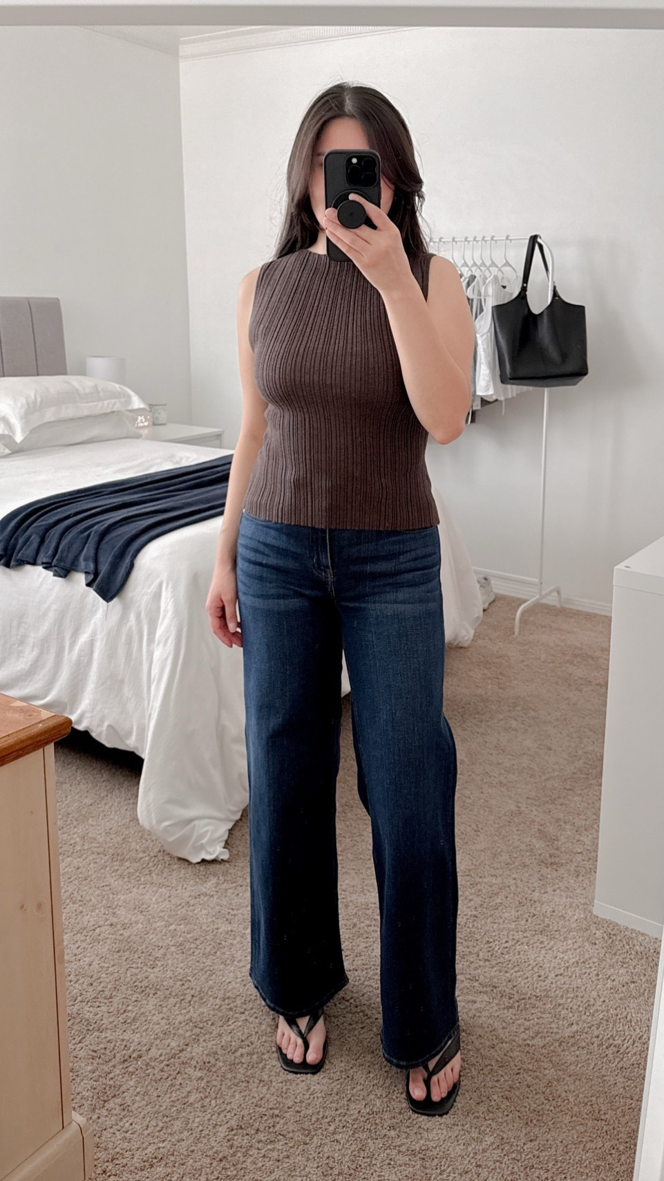 Date Night Outfit 🖤 from @Quince 

Sizing Info:
- Quince Cotton Cashmere Ribbed Tank (Size S in Mocha Heather)
- Quince Bella Stretch Wide Leg Jeans (Size 26 Regular Inseam in Midnight Blue)
- @Fitory Daur Elegant Thong Kitten Heel (Size 7 in Black) #fitoryshoes

petite fashion, petite style, casual outfits, get dressed with me, outfit inspiration, ootd, quince, date night outfit, wide leg jeans, dark wash jeans, kitten heels

#LTKootd #LTKPetite