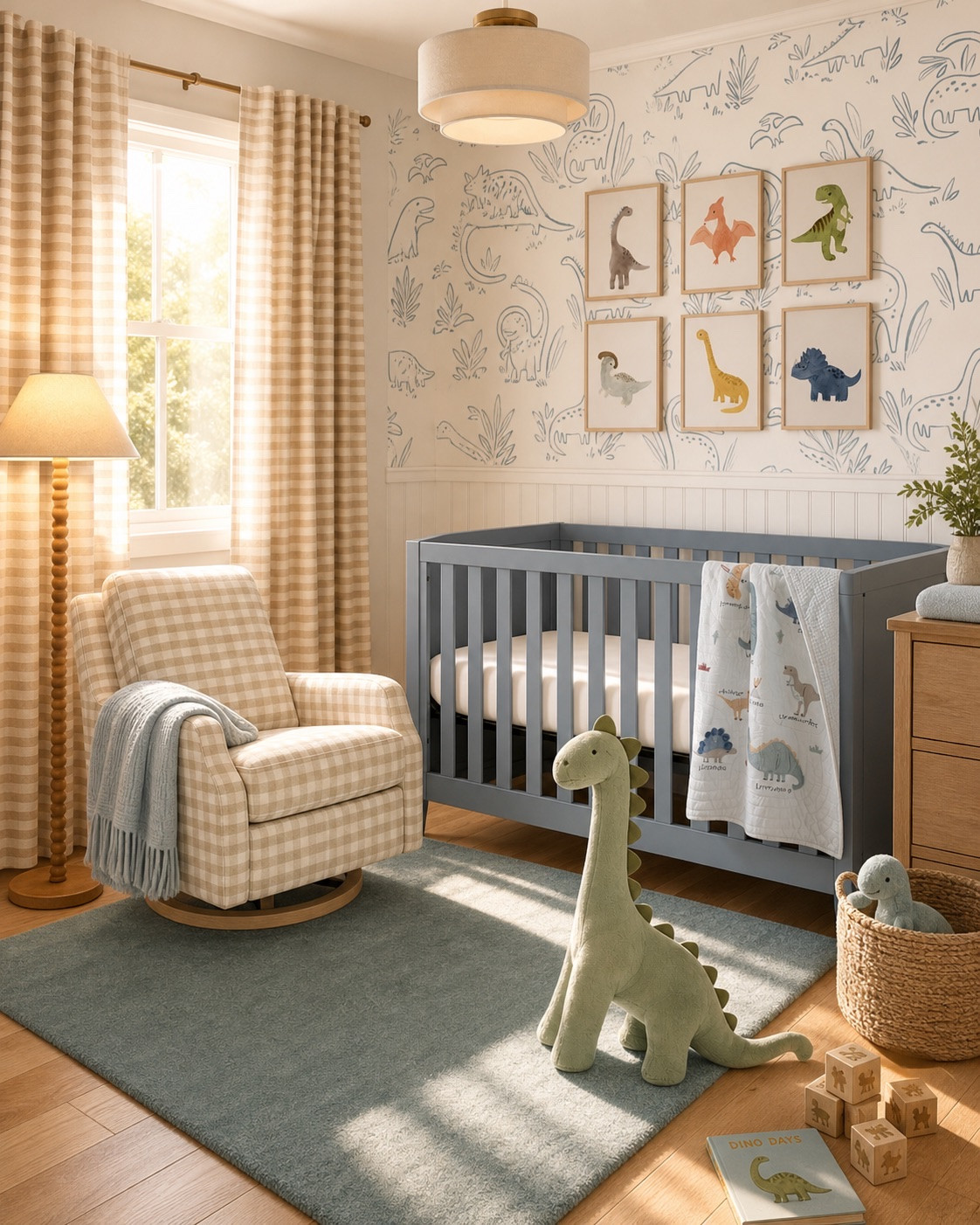 Dinosaur nursery room, nursery room decor and inspiration. Blue nursery. Plaid curtains and recliner. #nurserydesign

#LTKHome #LTKBaby #LTKBump