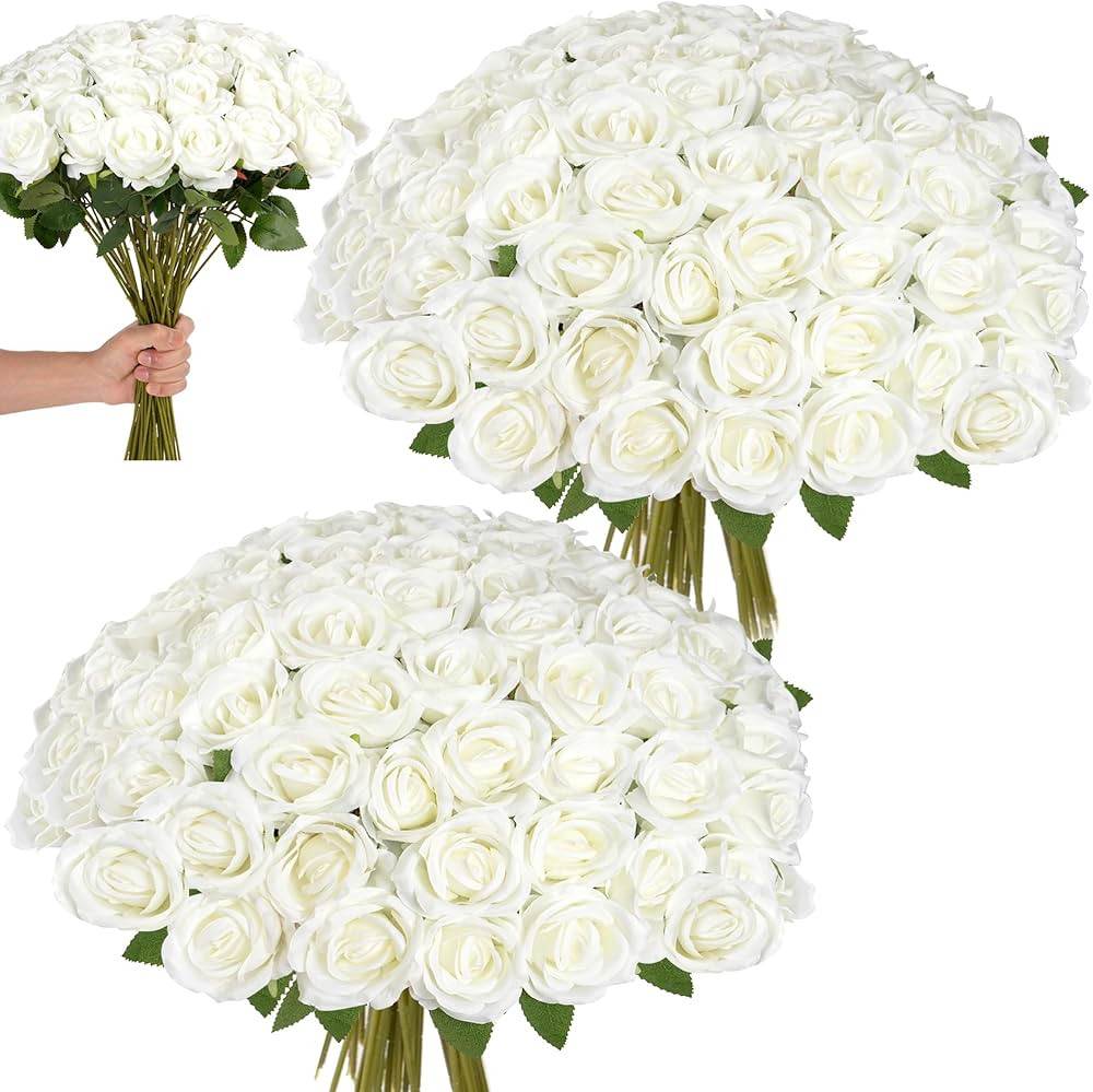 White Roses Artificial Flowers Bulk, 52Pcs Fake Roses Flower Arrangement, DIY Silk Flowers Roses ... | Amazon (US)