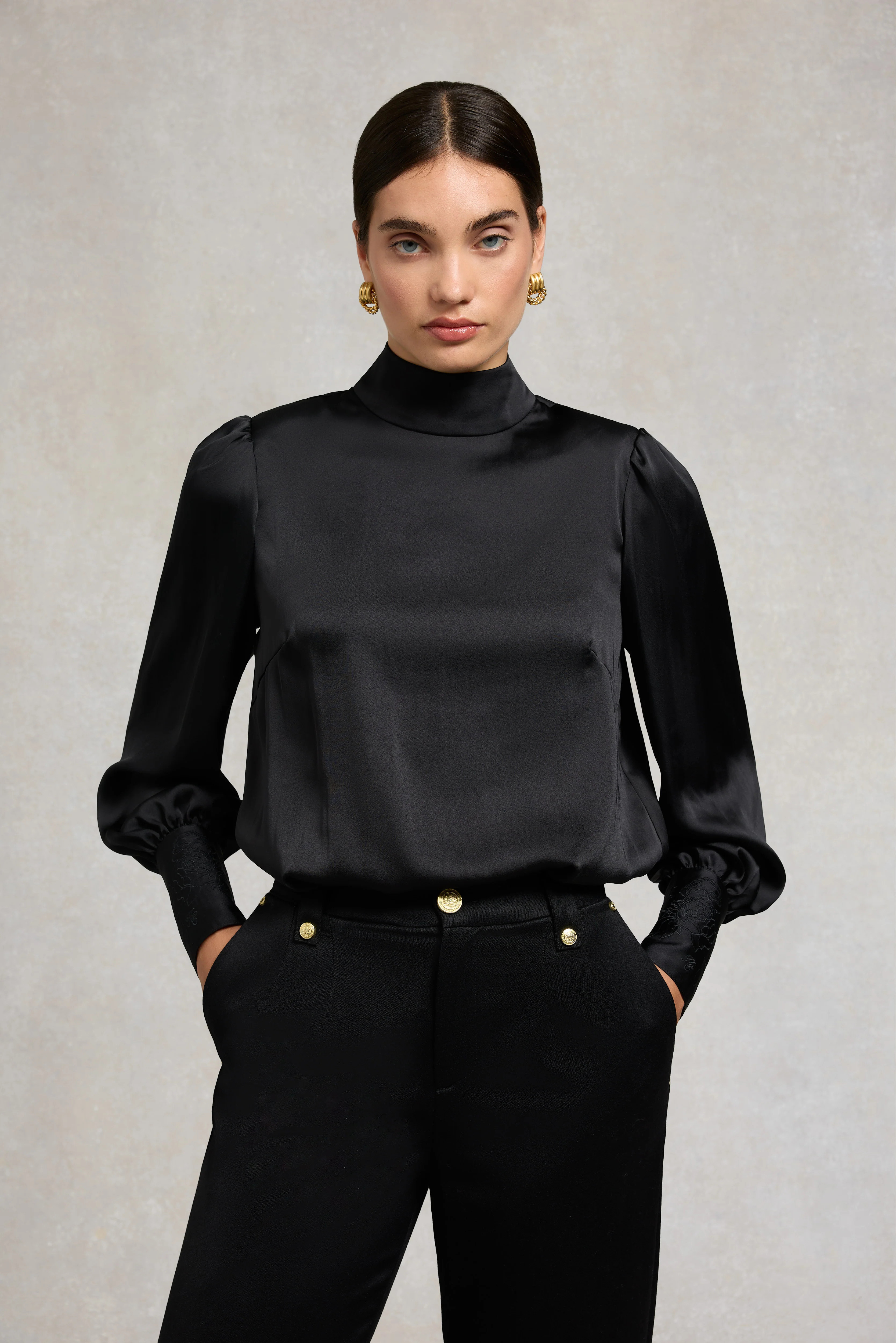 Carmen High Neck Blouse (Black Satin) | Holland Cooper