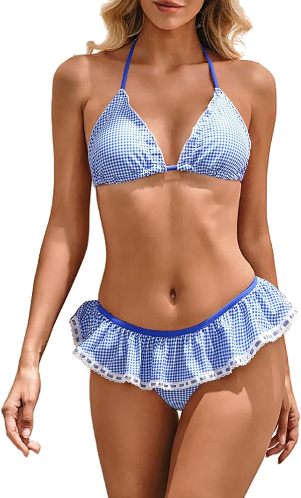 HYPERFIRE Women's Polka Dots Halter String Triangle Bikini Sets Ruffle Low Waisted 2 Piece Bathin... | Amazon (US)