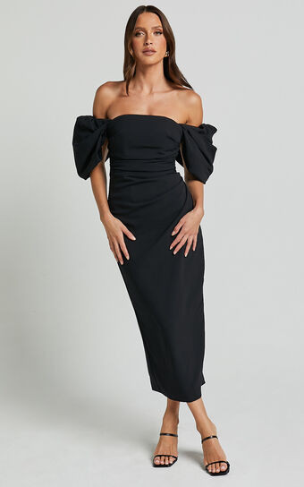 Lohan Midi Dress - Off Shoulder Puff Sleeve in Black | Showpo (US, UK & Europe)