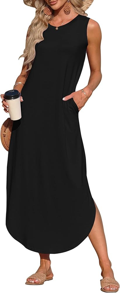 AUSELILY Womens Summer Dresses 2025 Casual Sleeveless Maxi Dress Loose Crewneck Sundresses Split ... | Amazon (US)