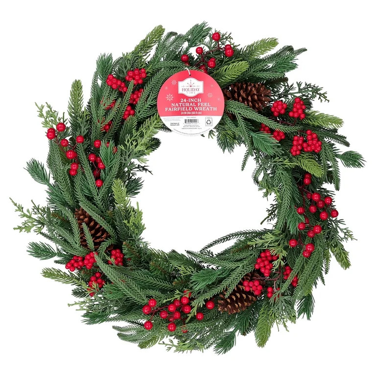 Natural Feel Fairfield Artificial Christmas Wreath with Berries and Pinecones, Green and Red, 24"... | Walmart (US)
