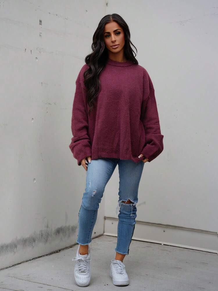 SAYEHFBABY Mohair Oversized Crew Neck Jumper Spring Y2K 90's Casual Cute Airport Fall Back To Sch... | SHEIN