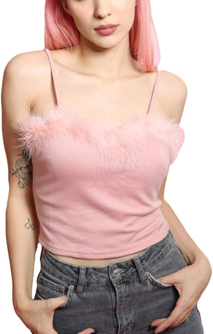 HitZoom Women Sexy Faux Fur Deco Spaghetti Strap Cami Slim Crop Top | Amazon (US)
