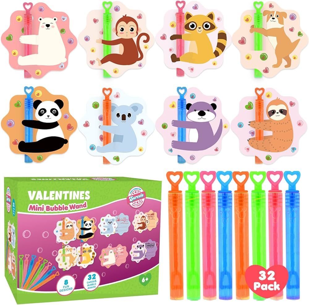 SURCVIO Valentines Day Gifts for Kids, 32 Pack Mini Bubble Wands with Valentines Animal Themes Gr... | Amazon (US)