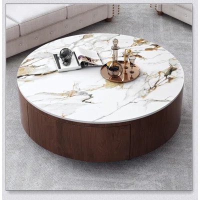 Round Wood Coffee Table With Faux Marble Top, Durable And Stylish For Modern Living Spaces | Wayfair North America