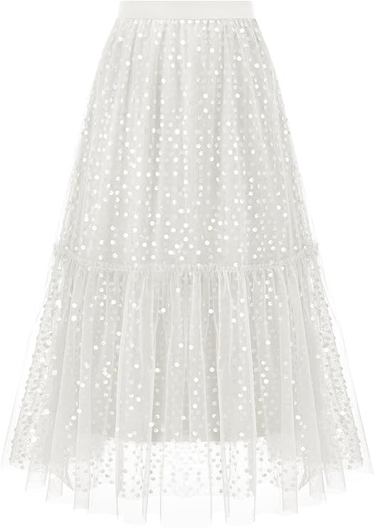 Sequin Tulle Skirts for Women Sparkly Midi Flowy A-Line Party Skirt Layered Christmas Skirts | Amazon (US)