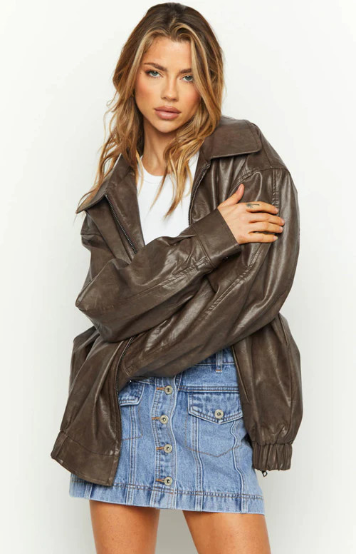 Abbi PU Vintage Brown Bomber Jacket | Beginning Boutique (AU)
