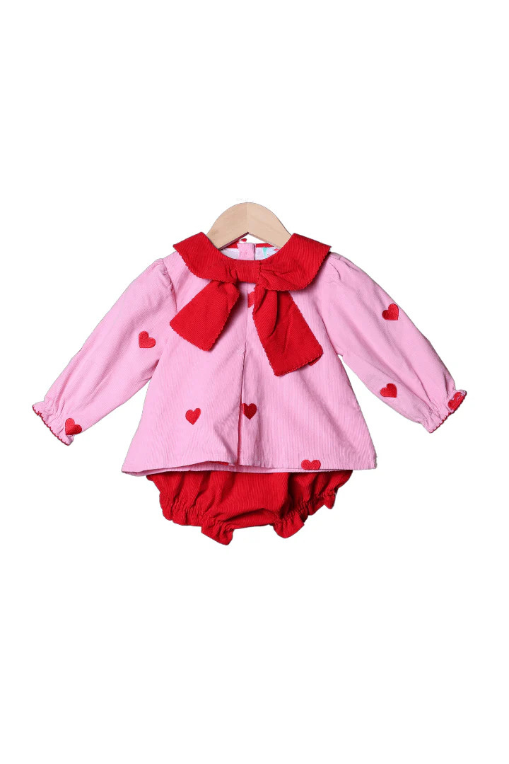 Pink Corduroy Bow Heart Bloomer Set | The Smocked Flamingo