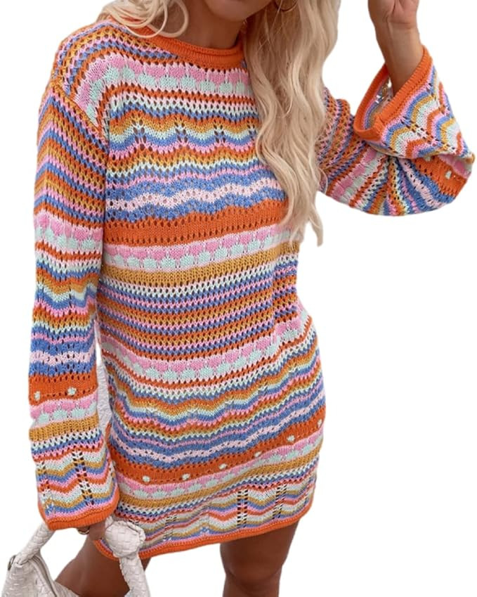 Women's Sweater Dresses Vintage Knit Tops Long Sleeve Rainbow Striped Tunic Sweaters Long Pullove... | Amazon (US)