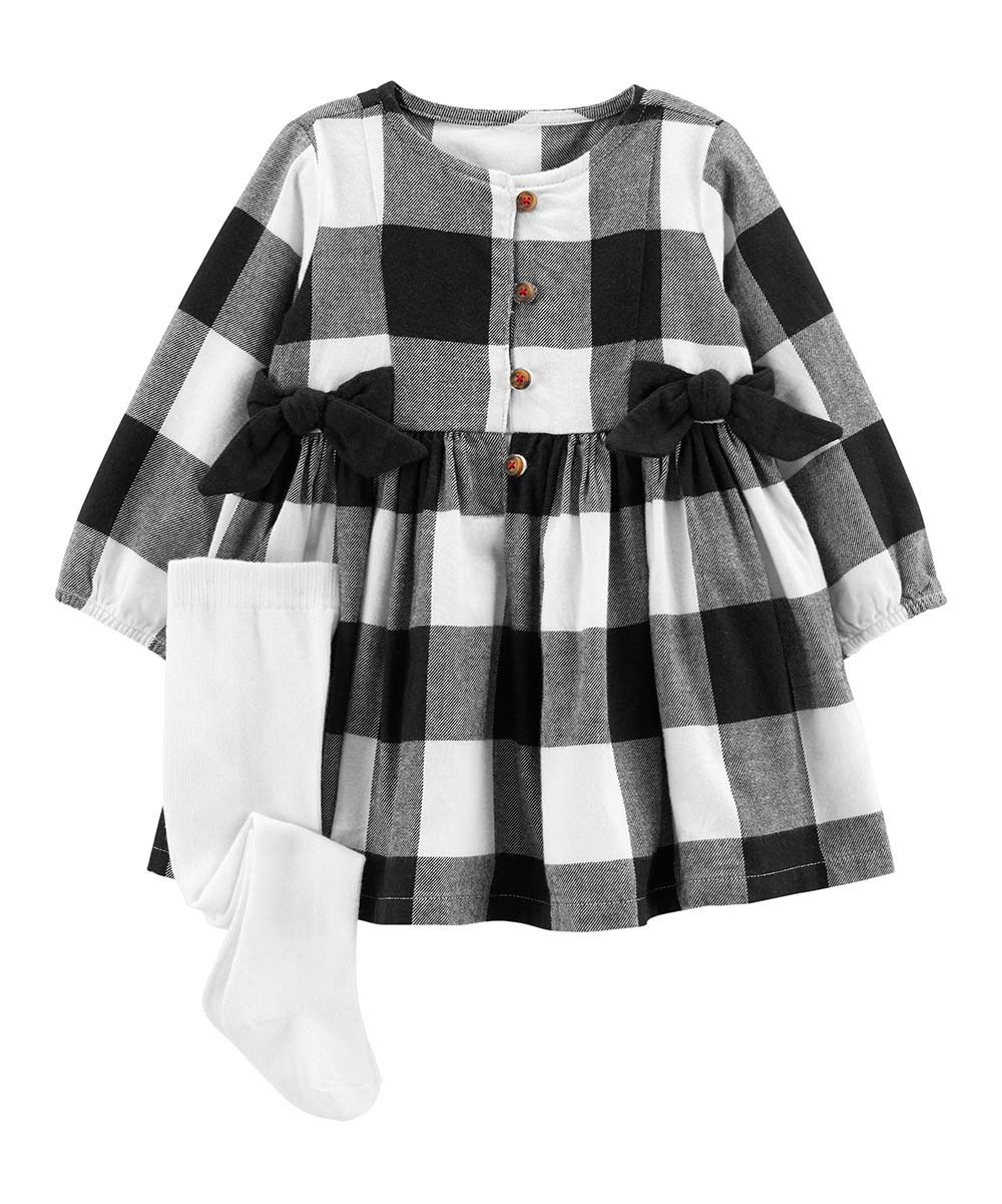 Carter's Girls' Casual Dresses Plaid - White & Black Buffalo Check Bow Babydoll Dress & Tights - Inf | Zulily
