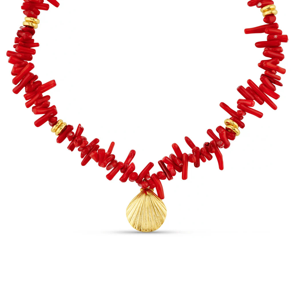 Red Coral Chip & Shell Necklace | Orelia