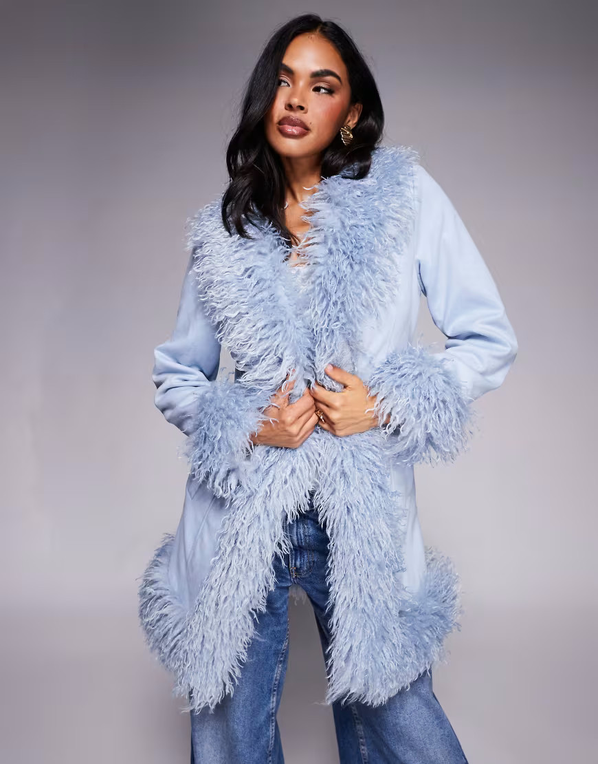 Princess Polly Josefina suedette faux fur trim longline coat in blue | ASOS (Global)