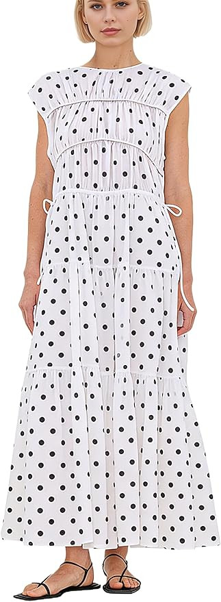 calbatic Women Pleated Ruched Tiered Maxi Dress Sleeveless Patchwork Ruffle Hem A Line Flowy Summ... | Amazon (US)