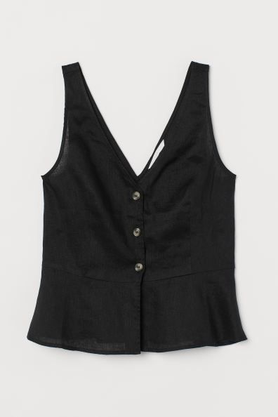 Sleeveless blouse in linen. Low-cut V-neck at front and back, buttons at front, and seam at waist... | H&M (US)