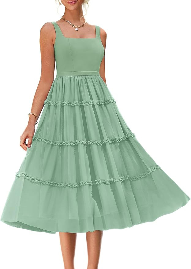 GRACE KARIN Women's Summer Midi Tulle Wedding Guest Party Dress Tiered A Line Dress Sleeveless Fl... | Amazon (US)