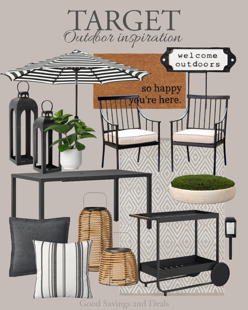 Target outdoor inspiration. Modern patio finds. Metal outdoor chair and table. Striped patio umbrella. Outdoor throw pillows. Metal lanterns. Patio bar cart. Outside living. Summer home inspiration. Rust proof outdoor furniture.

#LTKHome #LTKSpringSale #LTKSeasonal