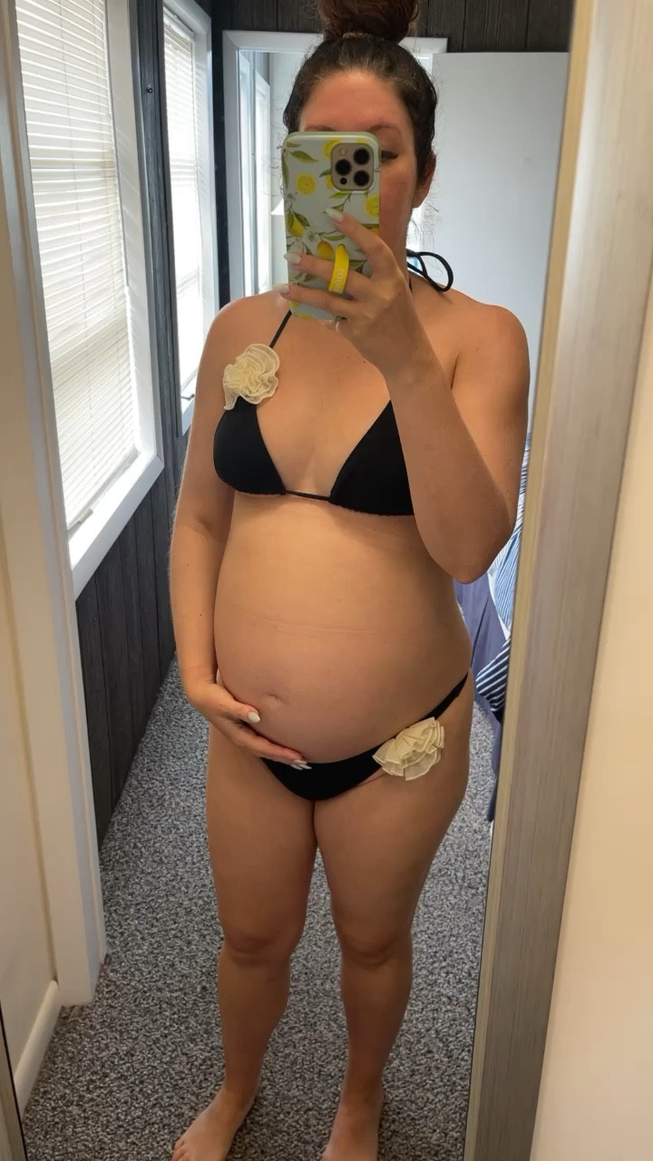 Bump friendly maternity swimsuit bikini, black bikini with cream rosettes, bikini triangle top, cheeky bikini bottoms

Wearing large in top, large bottoms

#LTKbump #LTKSeasonal #LTKswim