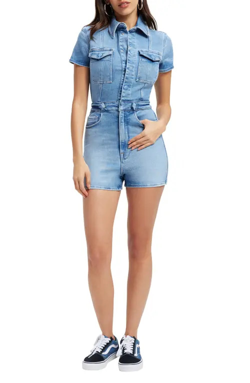 Good American Fit for Success Denim Utility Romper in Blue274 at Nordstrom, Size 3 | Nordstrom